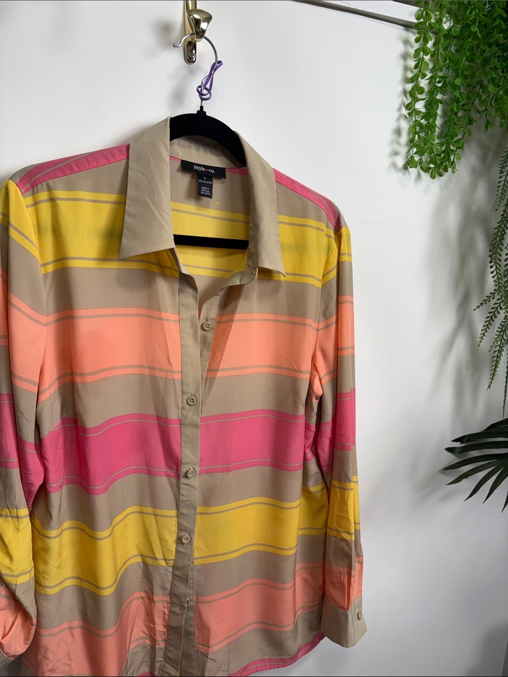 Style & Co. Striped Button-Down Shirt in Pink, Coral, Yellow, Tan